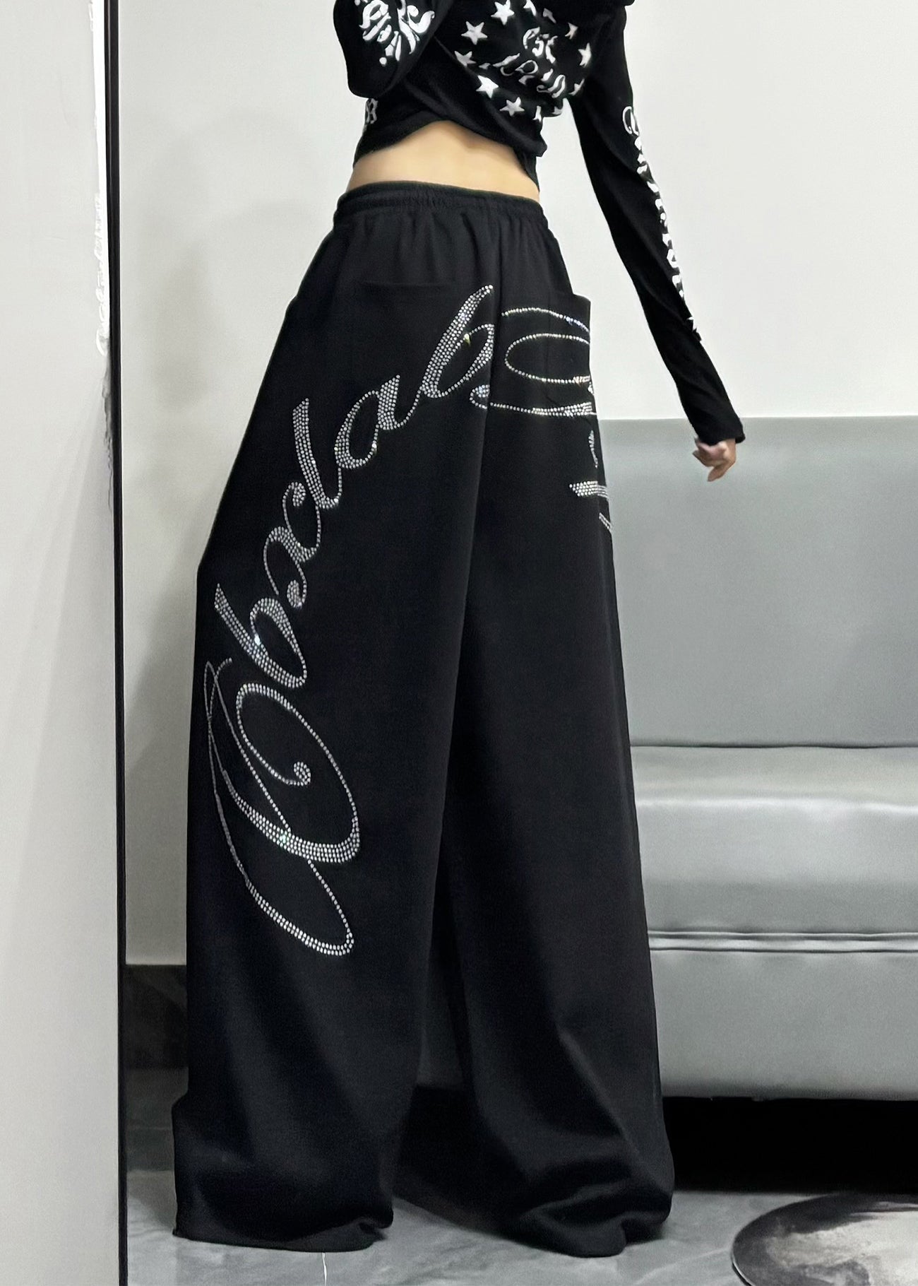 Casual Black Oversized Letter Zircon Cotton Wide Leg Pants Spring