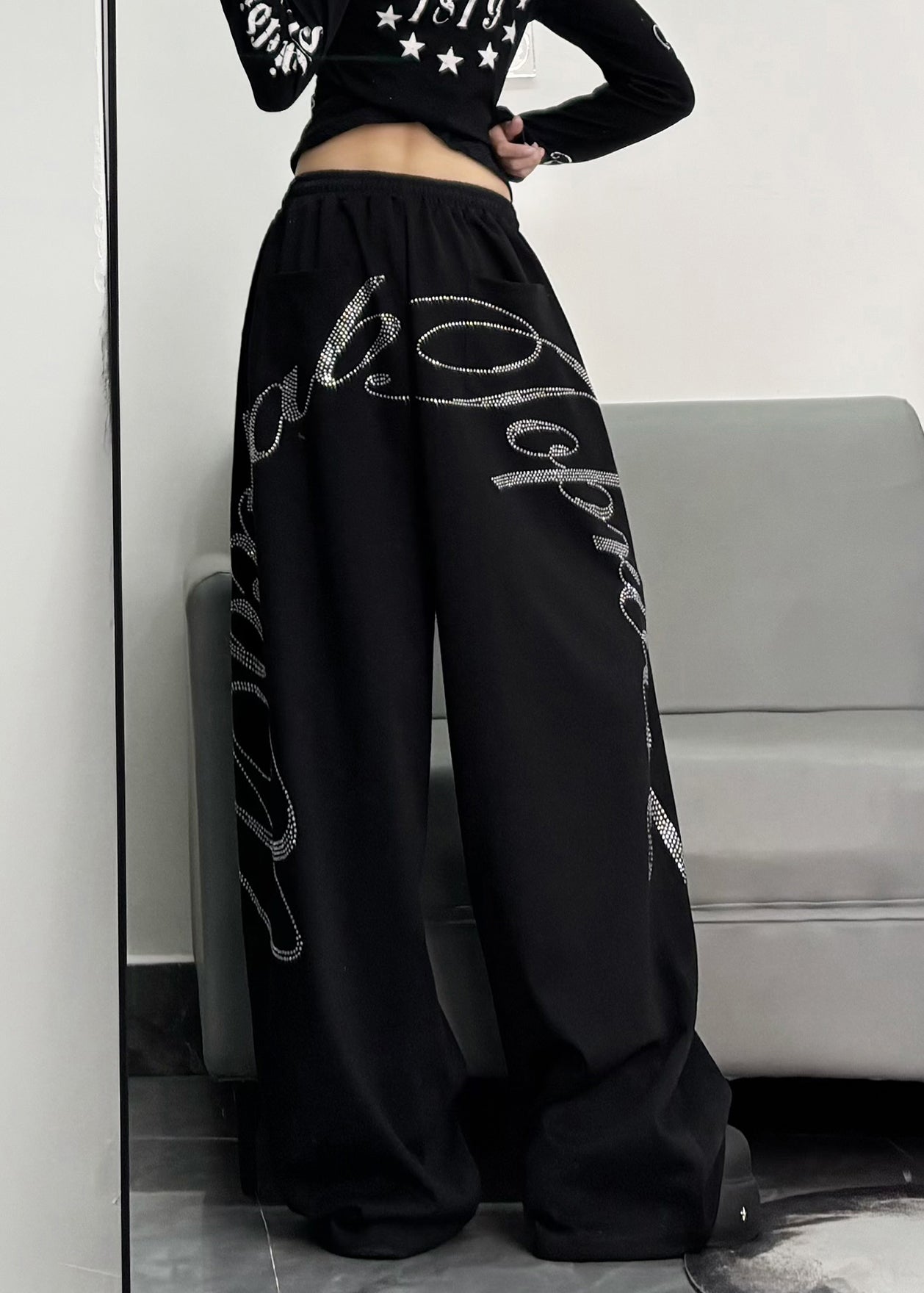 Casual Black Oversized Letter Zircon Cotton Wide Leg Pants Spring