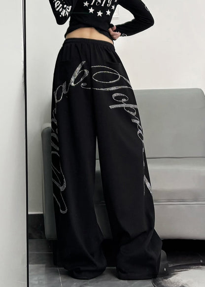 Casual Black Oversized Letter Zircon Cotton Wide Leg Pants Spring