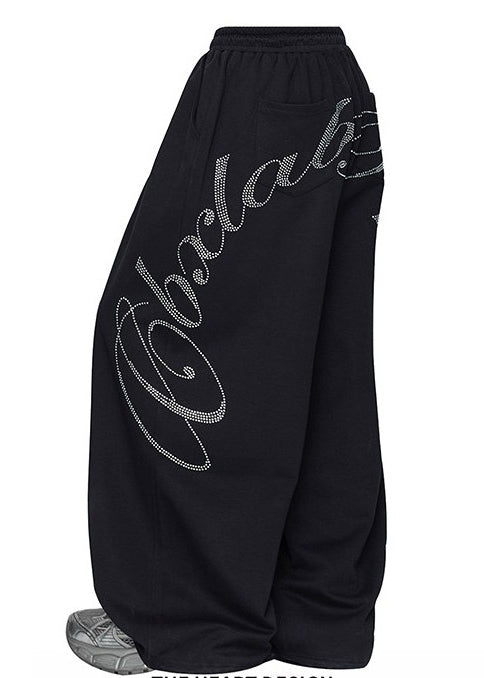 Casual Black Oversized Letter Zircon Cotton Wide Leg Pants Spring