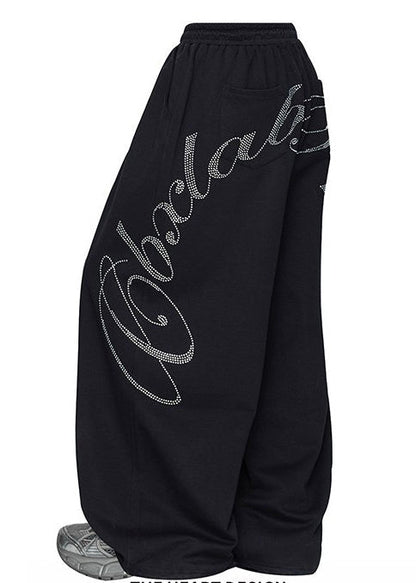 Casual Black Oversized Letter Zircon Cotton Wide Leg Pants Spring