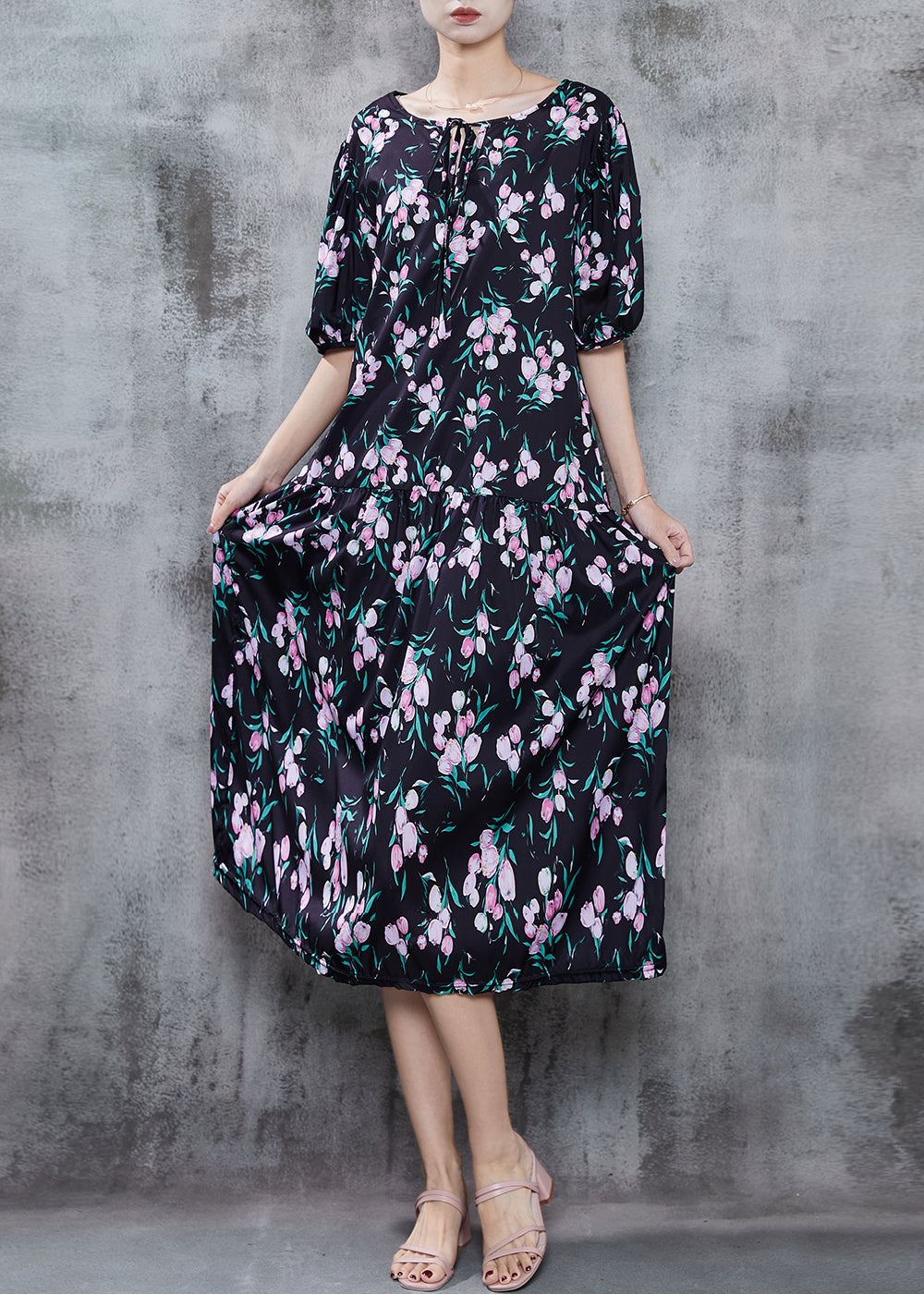 Casual Black Oversized Print Chiffon Holiday Dress Summer