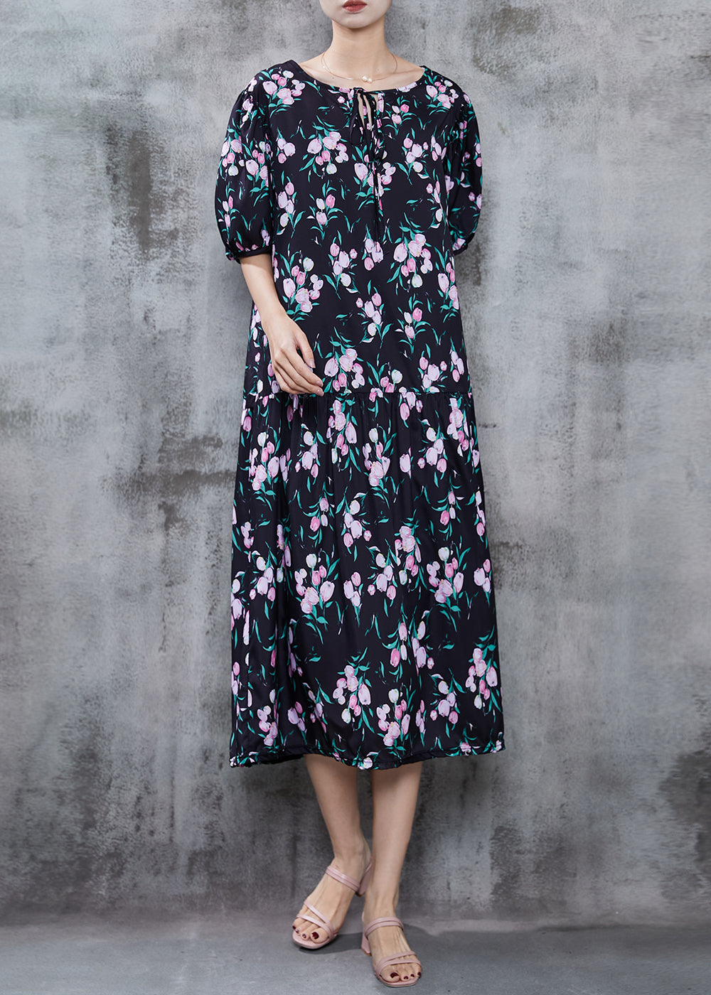 Casual Black Oversized Print Chiffon Holiday Dress Summer