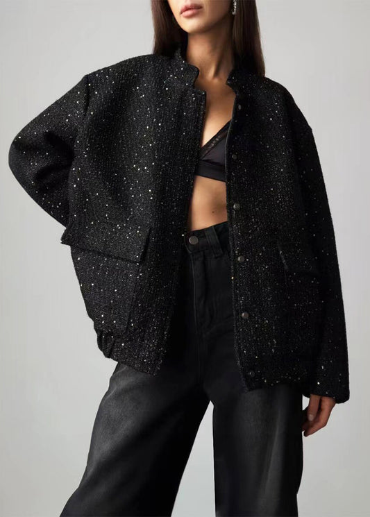 Casual Black Oversized Stand Collar Sequins Pockets Jackets Fall