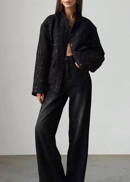 Casual Black Oversized Stand Collar Sequins Pockets Jackets Fall