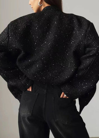 Casual Black Oversized Stand Collar Sequins Pockets Jackets Fall