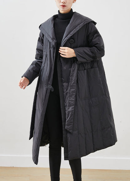 Casual Black Oversized Tie Waist Duck Down Down Coats Winter