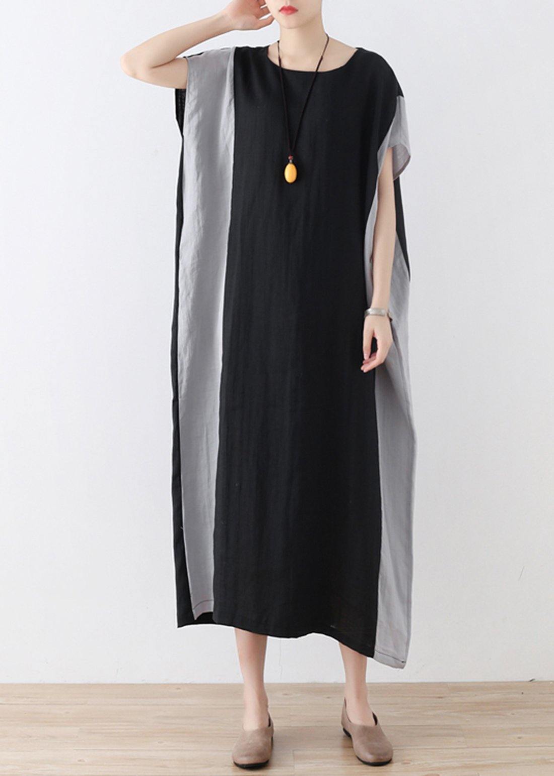 Casual Black Patchwork Bat wing Sleeve Mid Summer Linen Dress - SooLinen