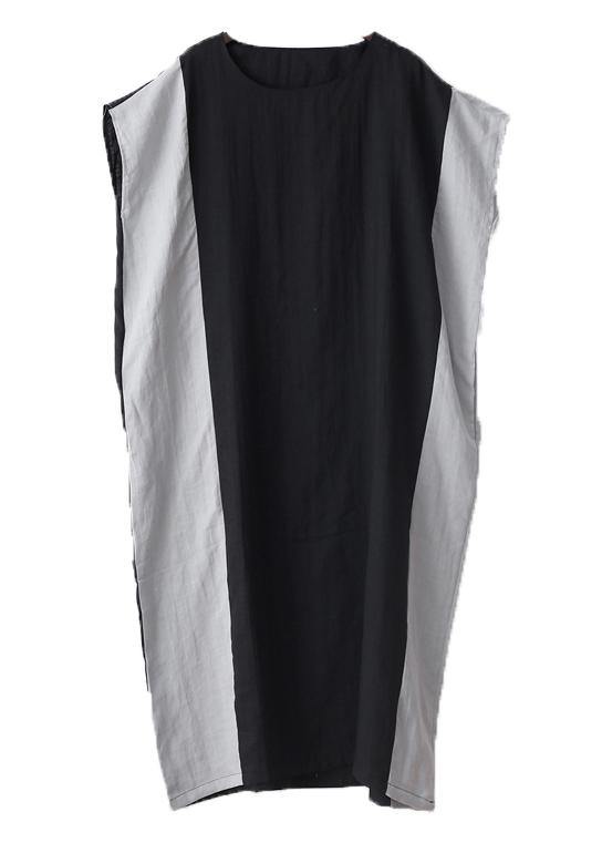 Casual Black Patchwork Bat wing Sleeve Mid Summer Linen Dress - SooLinen