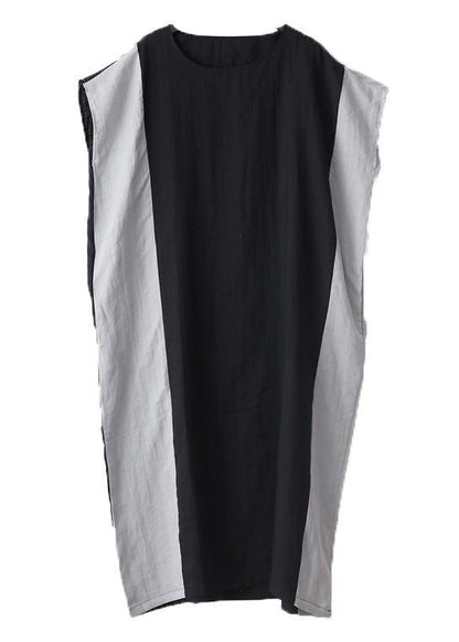 Casual Black Patchwork Bat wing Sleeve Mid Summer Linen Dress - SooLinen