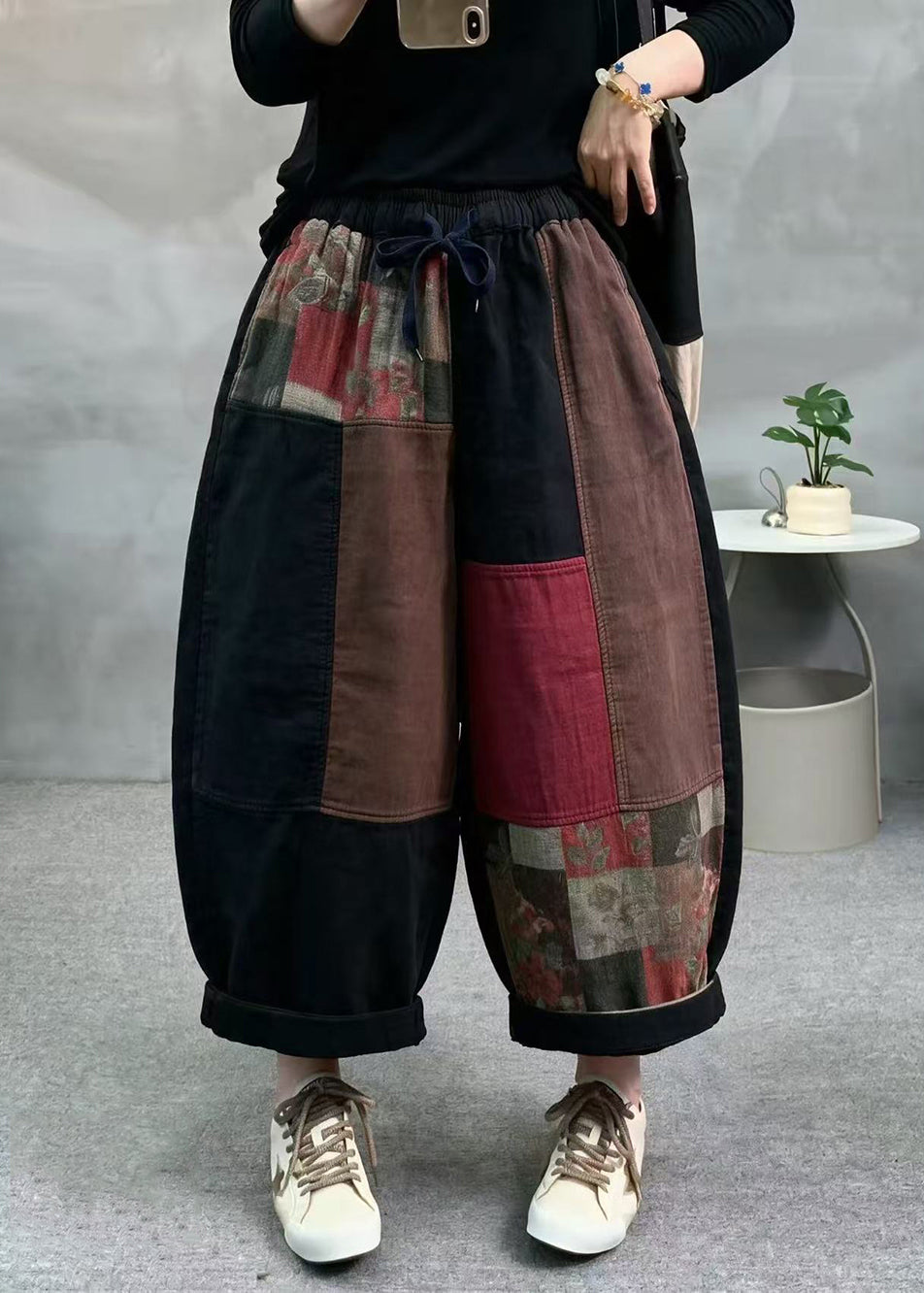 Casual Black Patchwork Drawstring Elastic Waist Cotton Crop Pants Fall