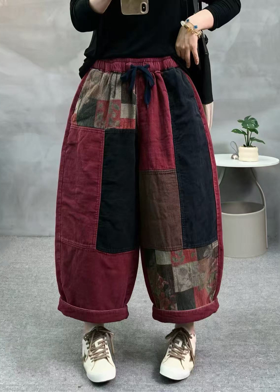 Casual Black Patchwork Drawstring Elastic Waist Cotton Crop Pants Fall