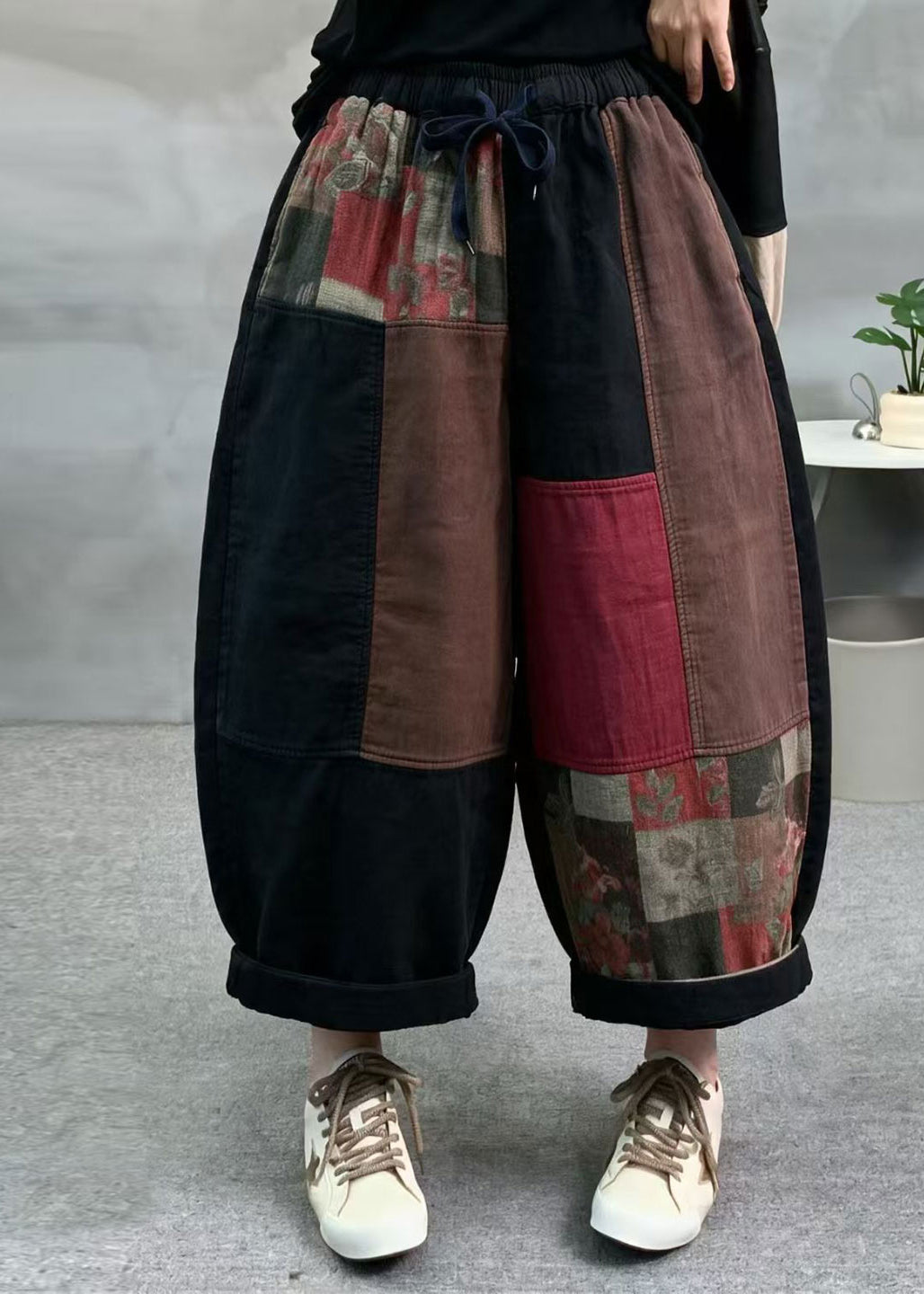 Casual Black Patchwork Drawstring Elastic Waist Cotton Crop Pants Fall
