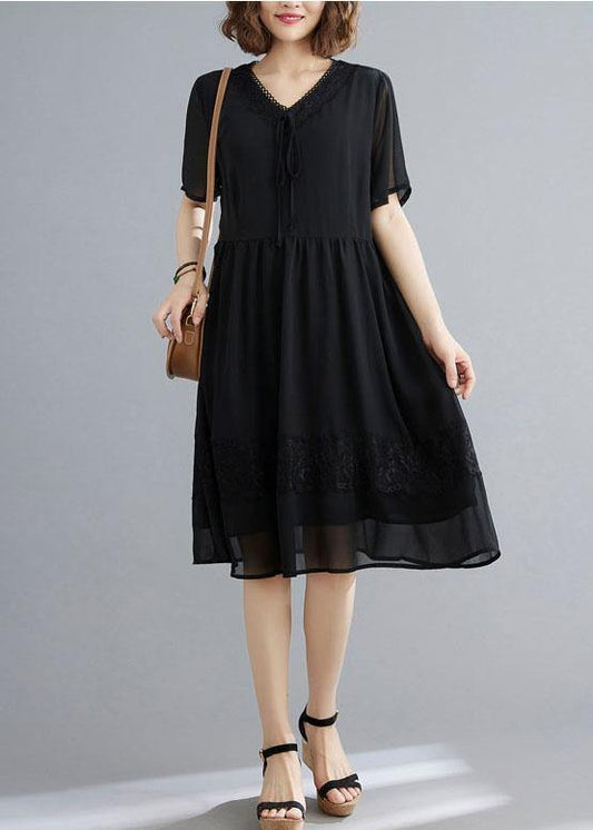 Casual Black Patchwork Lace V Neck Mid Dress Summer Chiffon Dress - SooLinen