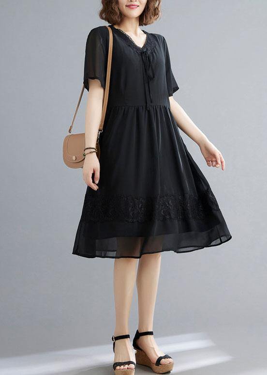 Casual Black Patchwork Lace V Neck Mid Dress Summer Chiffon Dress - SooLinen