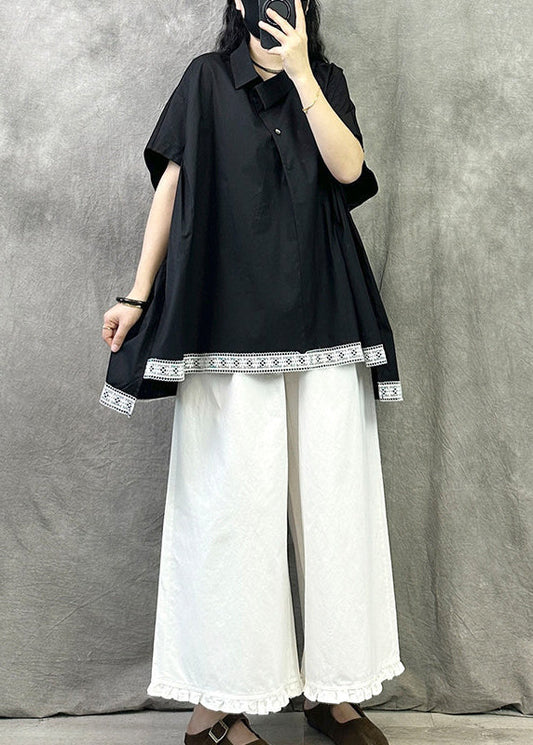 Casual Black Peter Pan Collar Asymmetrica Design Cotton Top Summer