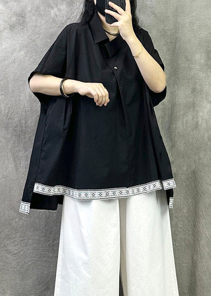 Casual Black Peter Pan Collar Asymmetrica Design Cotton Top Summer