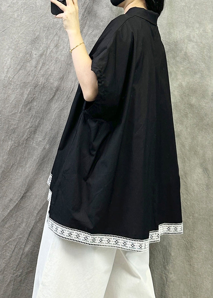 Casual Black Peter Pan Collar Asymmetrica Design Cotton Top Summer