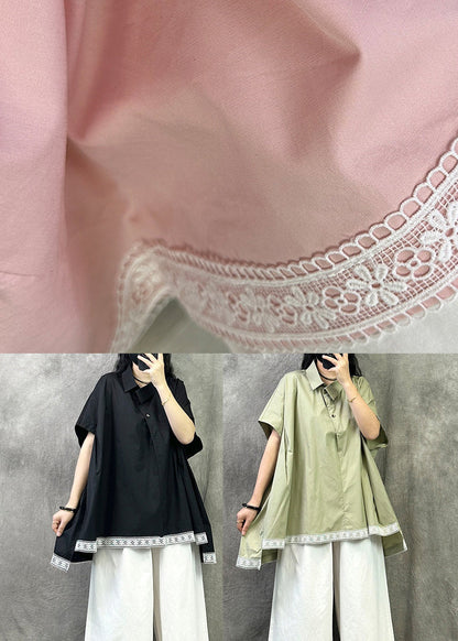 Casual Black Peter Pan Collar Asymmetrica Design Cotton Top Summer