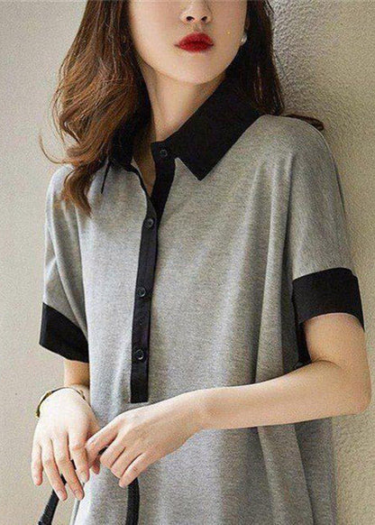 Casual Black Peter Pan Collar Button Cotton Maxi Dresses Short Sleeve