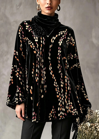 Casual Black Peter Pan Collar Dot Silk Velour Tops Fall
