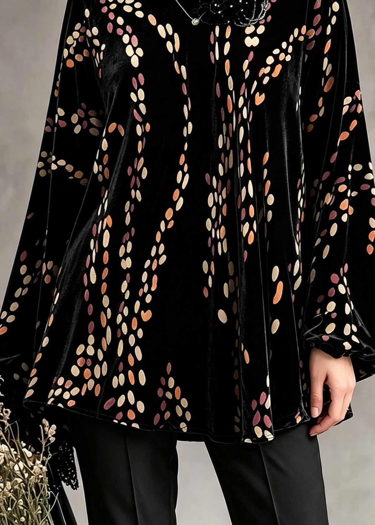 Casual Black Peter Pan Collar Dot Silk Velour Tops Fall
