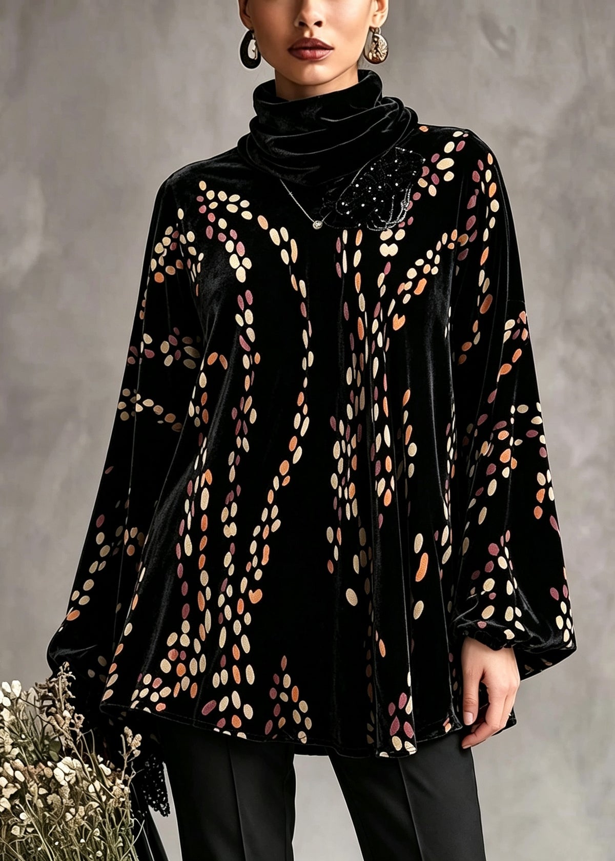 Casual Black Peter Pan Collar Dot Silk Velour Tops Fall