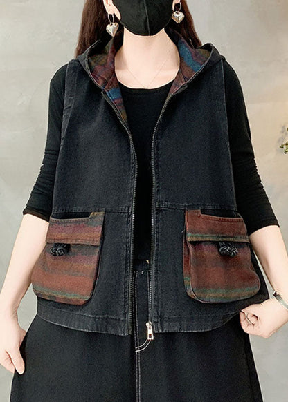 Casual Black Pockets Patchwork Hooded Denim Waistcoat Fall