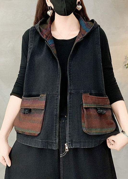 Casual Black Pockets Patchwork Hooded Denim Waistcoat Fall