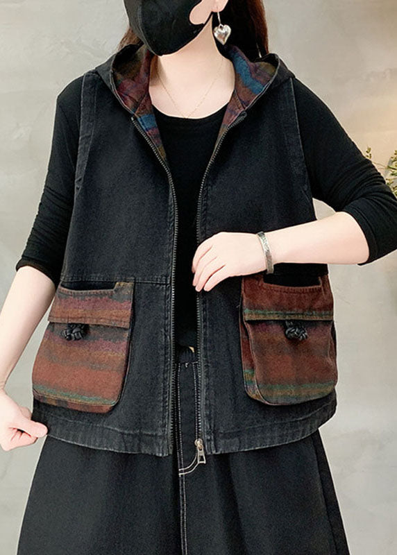 Casual Black Pockets Patchwork Hooded Denim Waistcoat Fall