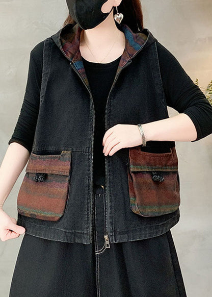 Casual Black Pockets Patchwork Hooded Denim Waistcoat Fall