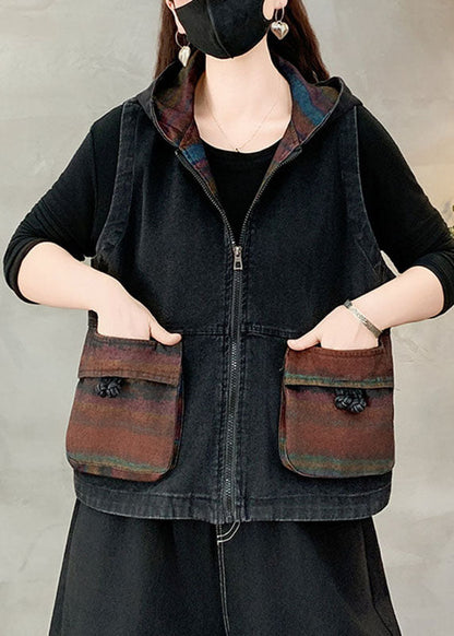 Casual Black Pockets Patchwork Hooded Denim Waistcoat Fall