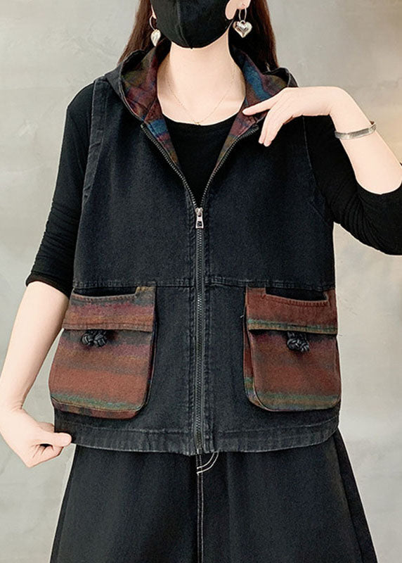 Casual Black Pockets Patchwork Hooded Denim Waistcoat Fall