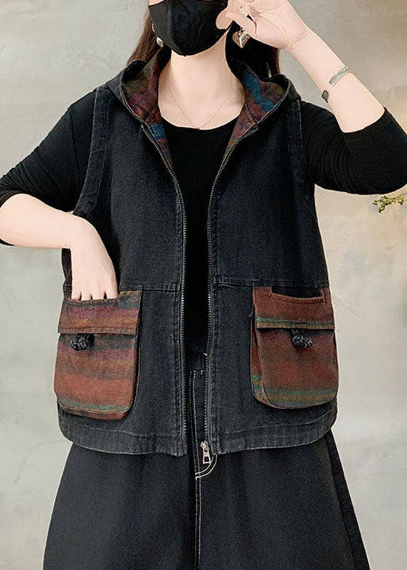 Casual Black Pockets Patchwork Hooded Denim Waistcoat Fall