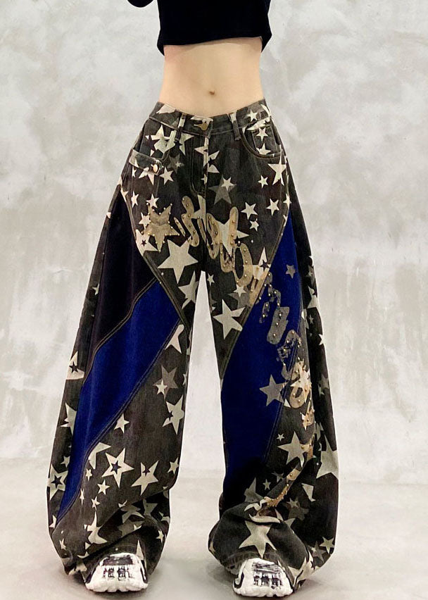 Casual Black Pockets Patchwork Rivet Straight Jeans Fall