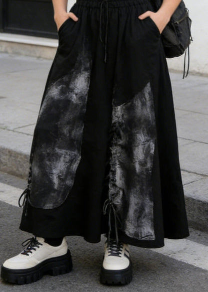 Casual Black Pockets Print Drawstring Cotton Skirt Summer