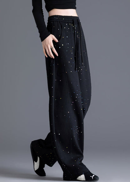 Casual Black Pockets Print Elastic Waist Denim Pants Spring