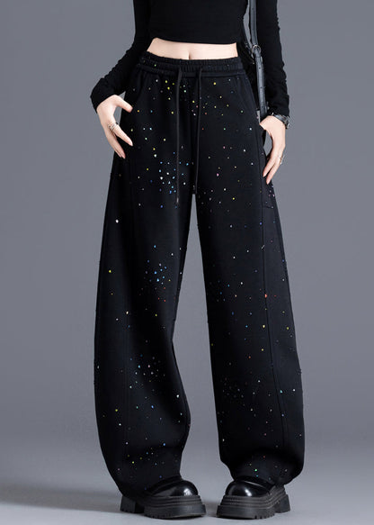 Casual Black Pockets Print Elastic Waist Denim Pants Spring