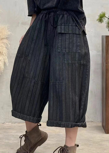 Casual Black Pockets Striped Patchwork Denim Crop Pants Fall