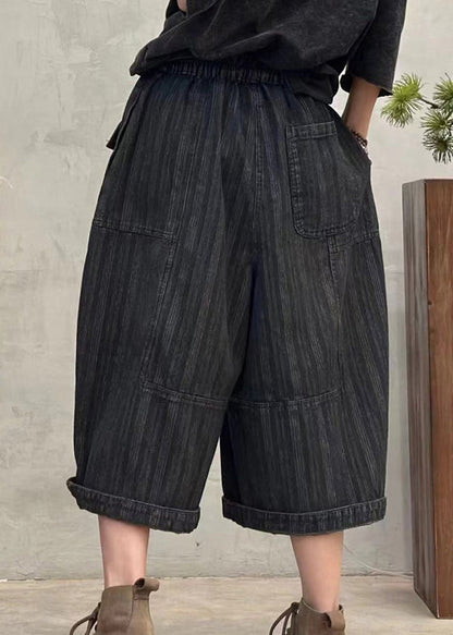 Casual Black Pockets Striped Patchwork Denim Crop Pants Fall
