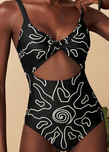 Casual Black Print Hollow Out Bodysuit Swimwear