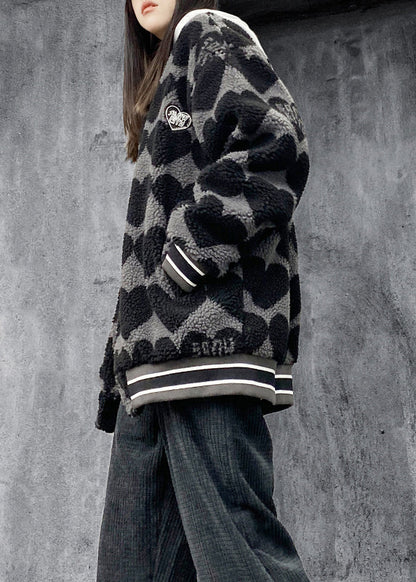 Casual Black Print Pockets Patchwork Faux Fur Cotton Filled Jackets Winter