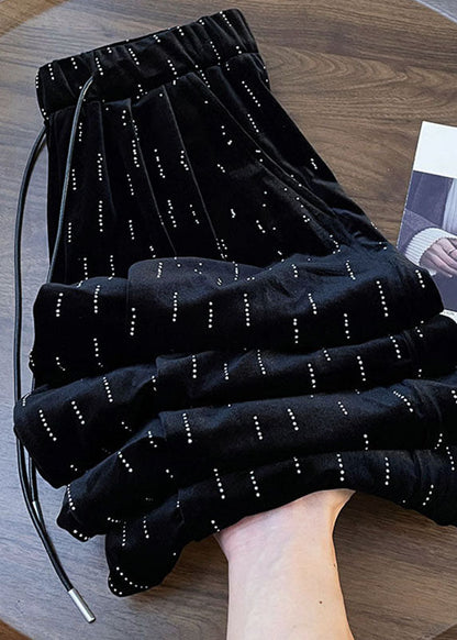 Casual Black Print Wrinkled Elastic Waist Wide Leg Pants Fall