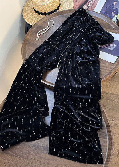 Casual Black Print Wrinkled Elastic Waist Wide Leg Pants Fall