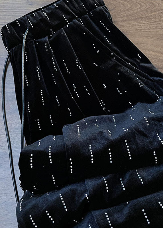 Casual Black Print Wrinkled Elastic Waist Wide Leg Pants Fall