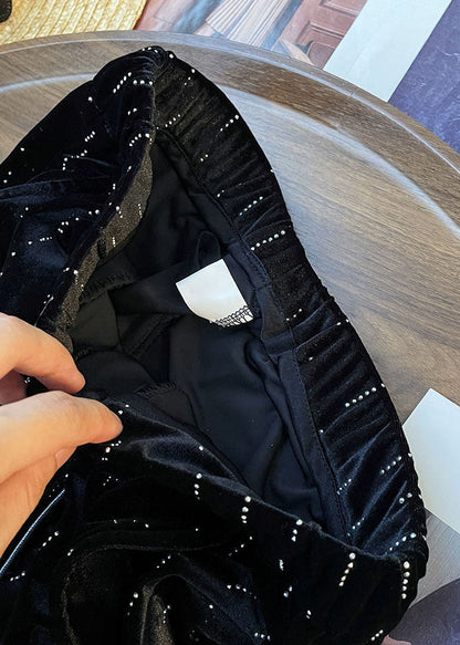 Casual Black Print Wrinkled Elastic Waist Wide Leg Pants Fall