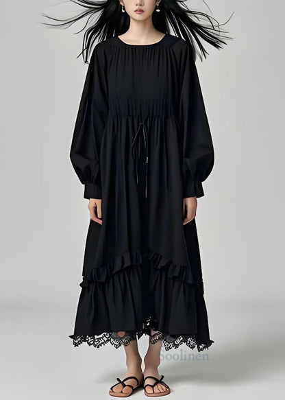 Casual Black Ruffled Lace Patchwork Cotton Dresses Long Sleeve