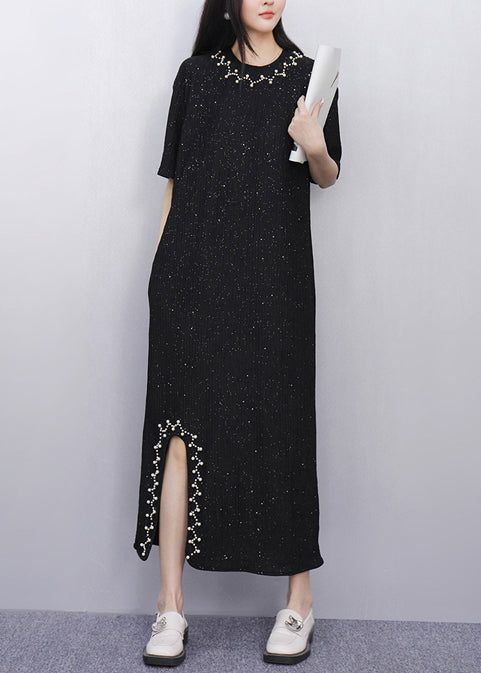 Casual Black Sequins Side Open Cotton Straight Dress Summer