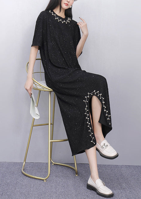 Casual Black Sequins Side Open Cotton Straight Dress Summer