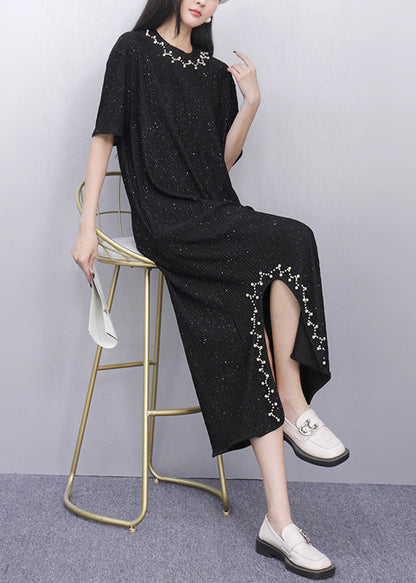 Casual Black Sequins Side Open Cotton Straight Dress Summer